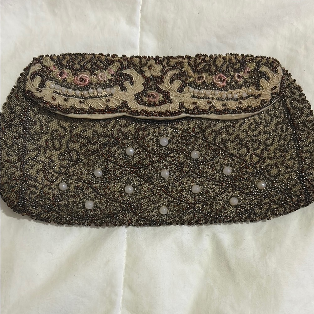 Brown and Gold Beaded Clutch with Ornate Design
